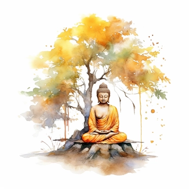 watercolor buddha next to a tree clipart, make it creative and descriptive, white background