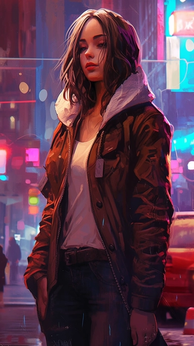 beautiful stunning pretty vintage cyberpunk anime girl, paint art style, clipart, city landscape background, superrealistic, one of a kind