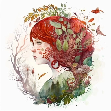 short red hair with bangs forest druid intricate floral watercolor clipart