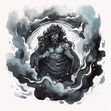 A watercolor clipart of Hades, the Greek god of the Underworld, depicted with a mysterious and brooding aura, surrounded by swirling shadows and ghostly spirits