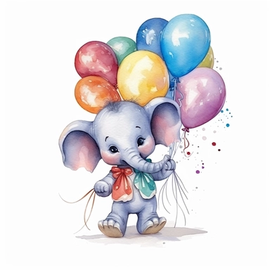 small and cute baby elephant holding colorful one party balloons with his trunk Clipart, highly detailed, watercolor, white background 8k, bright colours, one object at picture