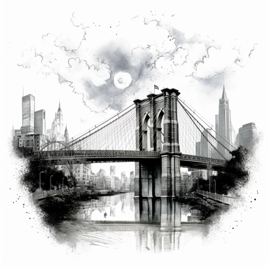 promotional print for the city of New York depicting the essence of the USA soul, The Brooklyn Bridge inspirational mood, dreamlike and surrealist interpretation, inspired by line art, no background, to print with another background, clipart