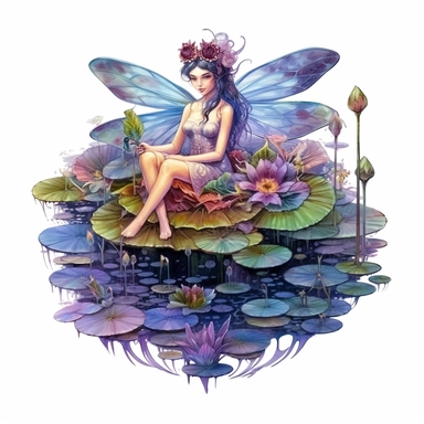 On a floating lily pad in a tranquil pond, a serene blue, pink, and purple steampunk mesmerizing pixie rests, surrounded by delicate water lilies and colorful dragonflies. White background, intricate details, retro-futurism, watercolor clipart, hyper-realistic