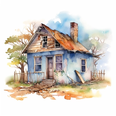 watercolour small broken and abandoned house, clipart on white background, no watermark, highly detailed, professional color gradation, clean sharpness