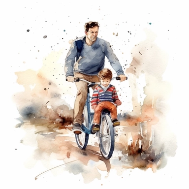 fathers day, father and son, cycling onthe road, water colour, clipart