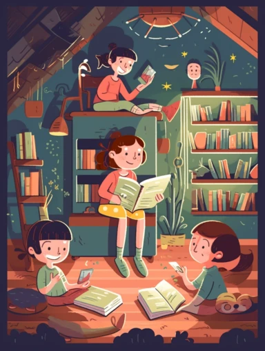 Generate a cover image featuring a young librarian reading a book to a group of children in a cozy library. Use clipart-style graphics to create a playful and imaginative scene