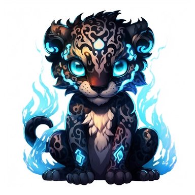 a cute and whimsical glowing tribal leopard with blue lights on his eyes, tribal animals, in the style of manhwa character design, master of shadows, burned/charred, himalayan art, dark black and light azure, 2d game art, quadratura, clipart, on white blackground