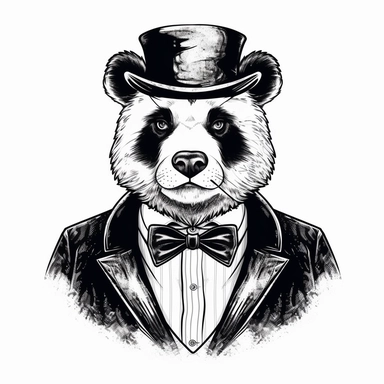 2D Black logo on a white background. Black and white Panda Man Hybrid . Neck lace, cigar, mafia. Determinated eyes Clipart. NO SHADING. KEEP THE LOGO SIMPLIFIED