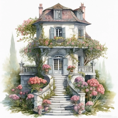 watercolor mixed media masterpiece beautiful white cozy house with grey door, richly decorated with peony, pots with flowers, overgrown with moss, the garden at the back of the house, provence, golden accents, shabby shic style, by Rodney Matthews style and by Nicholas Hely Hutchinson style and by Vladimir Kush style and by Amy Judd style, Baroque style, PNG clipart, isolated on white, extreme photorealistic details, 32k HD resolution, realistic high detailization high resolution