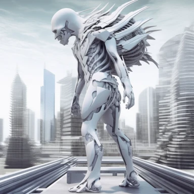 3d futuristic half human, half loin, sharp teeth, in modern city, full body, clipart
