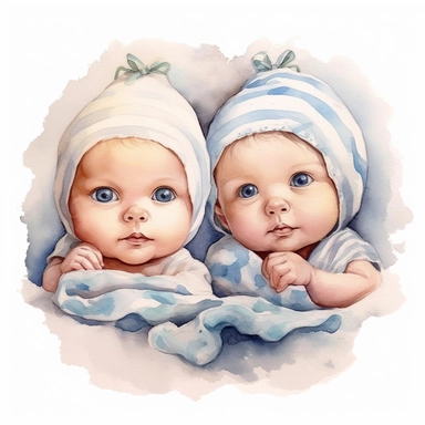 Watercolor cute new born twin baby on a cute blanket, clipart, singel clipart, High resolution, 8k