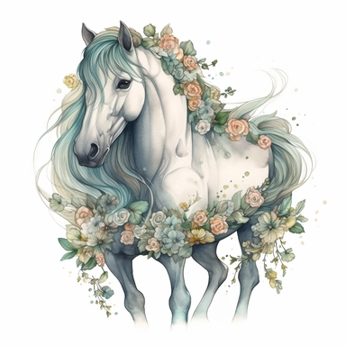 hand drawn white horse, with flowing mane and braids, full body, whimsical, fantasy, in pale shades of blue sage green soft pink and pale yellow, flowers, glamorous, realistic, watercolor, clipart style, white background with margins