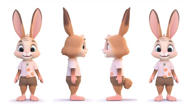 clipart,A cute little rabbit wearing a bright shirt and shorts+three Kans, with three perspectives on the front, side, and back, in different poses. The little rabbit has a small and cute body, with furry white fur and a pair of long ears. Its bright black eyes exude a clever and curious expression. A mischievous expression, he often wears bright shirts and shorts, full of vitality.clipart style, full body with both feet, painting, illustration, style, beautiful cartoon style, three images