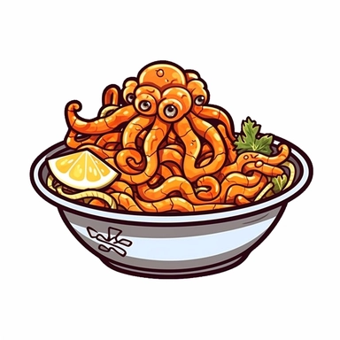 A dish of Japanese fried squid, cartoon clipart, vector, white background cartoon doodle line, thick outline, low detail, cute