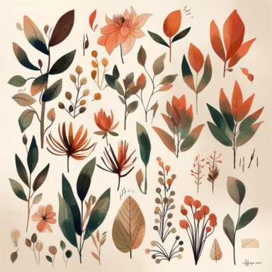 Design a collection of minimalistic clipart, watercolor, separate hand-drawn line art illustrations, each representing a distinct botanical flower or leaf. Inspired by the elegance of logo design, focus on capturing the essence of each plant element through simple, yet memorable shapes and lines. Create visually striking images that stand out on their own, while still maintaining a cohesive theme, showcasing the delicate beauty of nature's hidden gems in a contemporary and stylish way. These des
