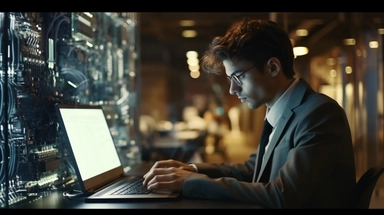 a young man diligently working on the computer building a website, clipart, wearing suit, daytime, cinematic, filmic, photorealistic, 35mm, 8k,