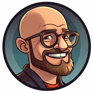 a round avatar portraying a bald man with a beard wearing glasses smiling, clipart