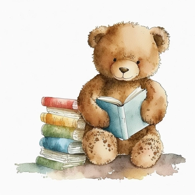 Watercolor happy brown fluffy jointed plain Teddy Bear clipart, holding a few books, cute, white back ground, no captions or text