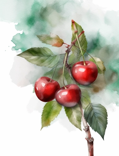 watercolor cherry, fruit transparent transparent background png clipart, in the style of ink wash collages, precise realism, applecore, uhd image, zaire school of popular painting, light emerald and red, surreal organic