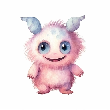 watercolour illustration, cute baby monster, big eyes, smiling, pastel, pale pink, aquarrellist, clipart, isolated, white background,