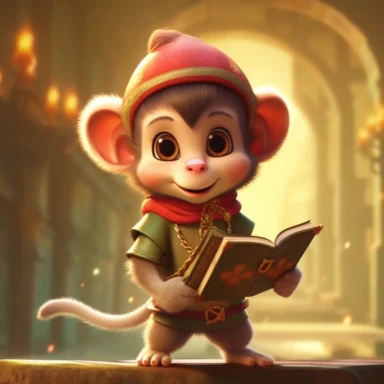 A baby Ranger monkey, dressed like Robin Hood,female, charmingly feminine,Necklace, Earring,hair clip, red hat,archery, happy, cute, Q version，laughing,lovely, Castle background,Full Length Shot,in the style of realistic fantasy artwork, Surrealism,textured skin,UHD, super detail,
