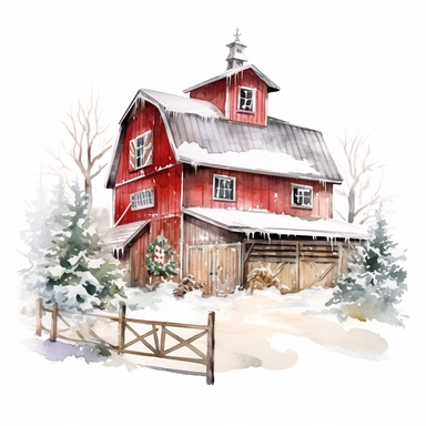 vector watercolor close up winter christmas farm barn decorated in Christmas style decor in winter clipart on white background, close up view, winter christmas farm barn, photorealistic, ultrarealistic, no background, on white