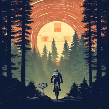 campaign mountain bike dowhnill with man in bike in the forest, mountain, california with sci fi star wars outft, logo, clip art, artwork, american style