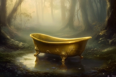 realistic clipart gold bathtub in foggy enchanted swamp, digital painting