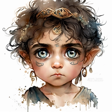 boho little BOY, big eyes, as Disney’s character hades, very detailed and realistic, watercolor, half body , white background with margins, clipart style,