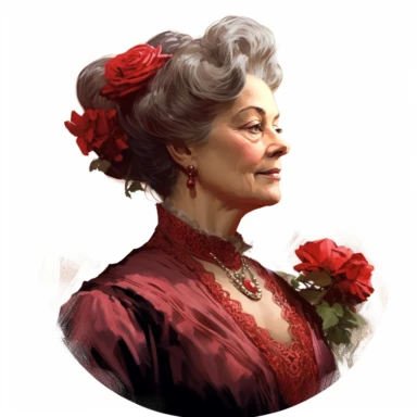 old victorian era, royal middle-aged lady, gorgeous, angle perspective, painting, decorated with minimal amount of red roses, intricate details, elegance, charm, clipart, white background