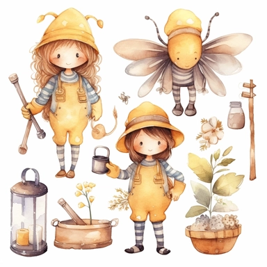 Watercolor boho beekeeping, illustrations clipart set, simple, soft colors, cartoon elements, different variants, cute little boy and girl beekeeping, separate elements with a margin