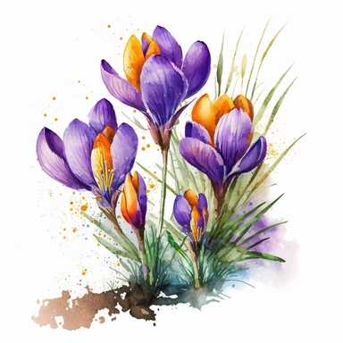 watercolor crocuses, clipart, very rich ink, white background, very realistic, maximum saturation, bright colors, bright mood