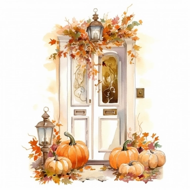 White front door, pumpkins, autumn leaves, beige color, watercolor, clipart, white background