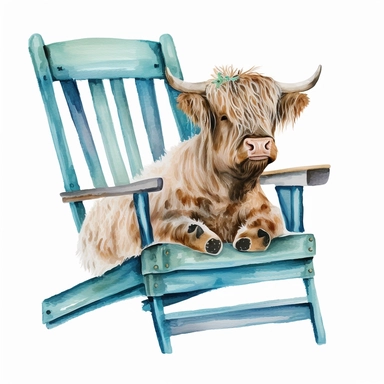 Highland Cow in a deck chair, Watercolor, Clipart, Farm Animal, clipart, white background