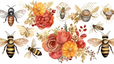 Watercolor honey bee clipart in isolated white background, beehives and flower arrangements, spring garden bee and honey drops, in the style of luxurious fabrics, golden and red hues, colorful, spring garden bee and honey drops, storybook-like, bloomcore, gold leaf accents, precis thin lines, pastoral charm, digital print, beatrix potter