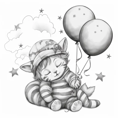 colouring book, black and white, simple art, a cute baby tiger cub sleeping and holding balloons in the sky, pyjama hat on, closed eyes, magical tale, for ages 2-6, adorable, bedtime, clipart, no fill, no background