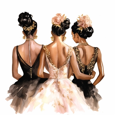 glamour dolce & gabbana half body back shot, watercolor white wedding dress bride wedding black bride hairstyle with beautiful gold headpiece clipart, + two black bridesmaids in pink dress black hair, hd, isolated on white background, spaced out ar 3:2