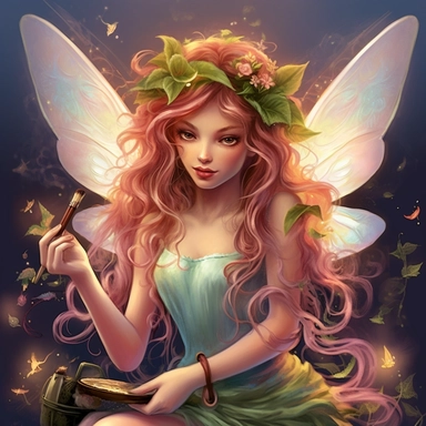 Enchanting Fairy Creating a Symphony of Colors with her Paintbrush, the canvas alive with vibrant hues and swirling patterns. The dreamlike lighting lends a magical, artistic glow to her face and hair, accentuating her creativity and the transformative ma