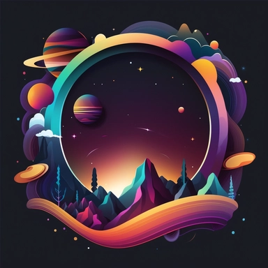 logo, geometric frame, vector, clipart, modern, northern lights, planets, outer space, cartoon, clean lines,