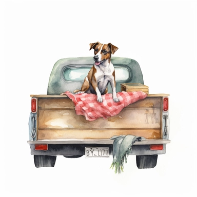 dog in the bed of a truck watercolor clipart single design, 8k