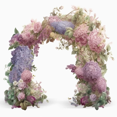 Panoramic view, full view, floral arch swag of small roses, small purple hydrangea, small peony and baby's breath, greenery, photo realistic, high detail, sharp focus, 8k, fantasy, romantic, ethereal, illustration clipart style, transparent background, (--iw 5)