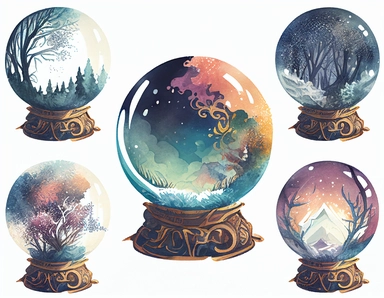 magical crystal ball, clipart, water color, deep colours, white background, border, watercolour illustration style, dreamy, 8k, intricate, illustration, detailed, png,