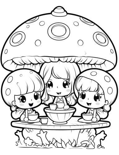 Kawaii magical fairies hosting a tea party in a toadstool house For Simple Coloring page,line art, thick lines, black and white,clipart, illustration, on white background,Detailed,Details