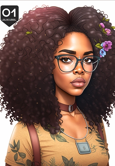 2d watercolor clipart kawaii, ssummer, character of beautiful african american woman, Intricately rendered dark Skinned woman, full body portrait, intricately rendered, 8k, long thick curls brown hair, sparkles, generously detailed, hyper realistic, digital, long eyelashes, beautiful retro comic urban chick, smart, books, nerdy, glasses, 4k,