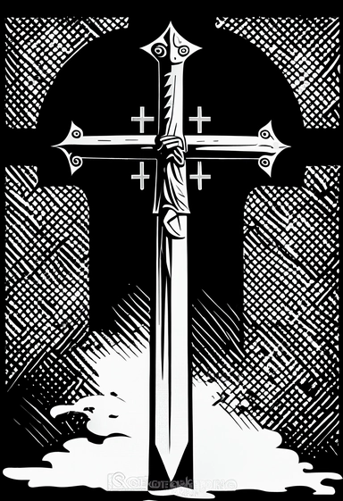 clip art of Christian Cross turning into a sword, black and white, white background, only design, no watermark, simple design, clip art, outline, silhouette