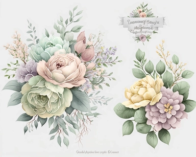 soft colorful pastel colored floral arrangement clipart, soft and subtle, colorful fairy pastel colors watercolor style, fawncore, pastel roses only, dreamy green and yellow pastel colors, muted pastel colors, plain white background, use of fabric, excellent depth of shading in soft watercolor style, watercolor artwork, plain white background for transparent editing