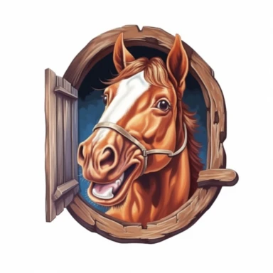 Cute Beautiful Happy Face Funny Horse Outside The Window Sublimation Clipart, Cartoon, hyper realistic, intricate detail, illustration style, high solution, on the white background