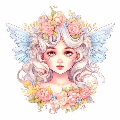 Cute Beautiful Pastel Angel Floral Clipart, Cartoon, hyper realistic, intricate detail, illustration style, high resolution, on the white background