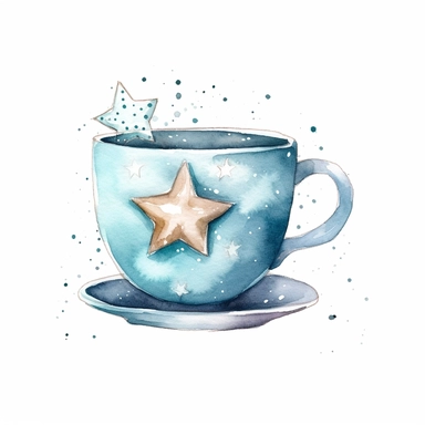 watercolor clipart of a cute charming cup of tea, sparkles, winter wonderland vibes, isolated on white background