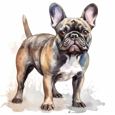 high detailed, Hand drawn watercolor clipart of a French Bulldog in italy, on a pure white background for background removal, no shadow, no paint splash